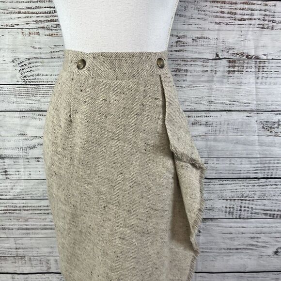 Vintage Liz Claiborne Skirt sz 8 Tan Khaki Wool Tweed Wrap Blanket Fringe Pencil - Picture 2 of 11